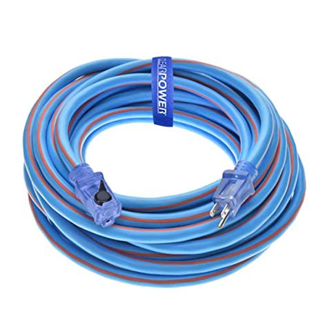Clear Power 50 ft TPE Rubber Heavy Duty Extension Cord 12/3 SJEOW with Lighted Locking Connector, Oil Water & Weather Resistant, Flame Retardant, Blue & Orange, 3 Prong Grounded Plug, CP10091