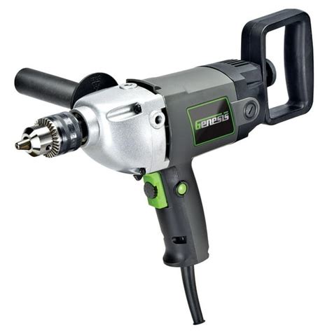 Genesis GSHD1290 1/2" 9.0 Amp Variable Speed Spade Handle Electric Mud Mixer Drill with Lock-On Button, Three-Position Auxiliary Handle, Two-Position Spade Handle, and Chuck Key