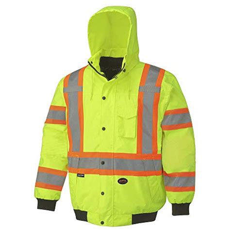 Pioneer High Visibility, 300D Waterproof 6-in-1 Bomber Jacket with Detachable Snap Hood, Reflective Tape, Yellow/Green, S, V1120360U-S