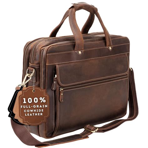 Professional Full Grain Leather Briefcase for Men 15.6 Inch Laptop Messenger Bag Tote Fit Business Travel
